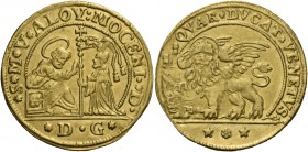 Alvise IV Mocenigo doge CXVIII, 1763-1778. Quarto di ducato da 2 zecchini, AV 6,86 g. S M V ALOY MOCENI D S. Marco nimbato, seduto a s. e benedicente,...