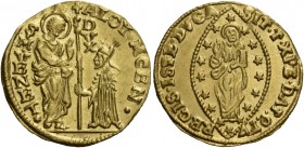 Alvise IV Mocenigo doge CXVIII, 1763-1778. Zecchino, AV 3,47 g. ALOY MOCEN – S M VENET S. Marco nimbato, stante a s., porge il vessillo al doge genufl...