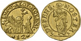 Alvise IV Mocenigo doge CXVIII, 1763-1778. Soldo da 1 zecchino, AV 3,45 g. S M V ALOY MOCENI Il Leone alato, a s., volto di fronte e con la zampa ante...
