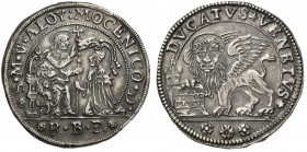 Alvise IV Mocenigo doge CXVIII, 1763-1778. Ducato di doppio peso, AR 45,31 g. S M V ALOY MOCENICO D S. Marco nimbato, seduto a s. e benedicente, conse...
