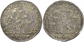 Alvise IV Mocenigo doge CXVIII, 1763-1778. Ducato di doppio peso, AR 45,45 g. S M V ALOY MOCENICO D S. Marco nimbato, seduto a s. e benedicente, conse...