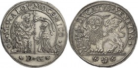 Alvise IV Mocenigo doge CXVIII, 1763-1778. Ducato, AR 22,50 g. S M V ALOY MOCENICO D S. Marco nimbato, seduto a s. e benedicente, consegna il vessillo...