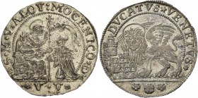 Alvise IV Mocenigo doge CXVIII, 1763-1778. Ducato, AR 22,53 g. S M V ALOY MOCENICO D S. Marco nimbato, seduto a s. e benedicente, consegna il vessillo...