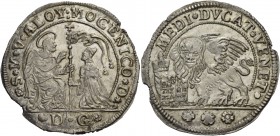 Alvise IV Mocenigo doge CXVIII, 1763-1778. Mezzo ducato, AR 11,30 g. S M V ALOY MOCENICO D S. Marco nimbato, seduto a s. e benedicente, consegna il ve...