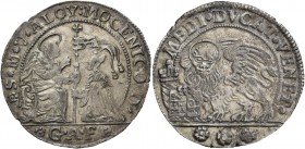 Alvise IV Mocenigo doge CXVIII, 1763-1778. Mezzo ducato, AR 11,40 g. S M V ALOY MOCENICO D S. Marco nimbato, seduto a s. e benedicente, consegna il ve...