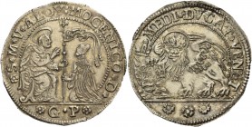 Alvise IV Mocenigo doge CXVIII, 1763-1778. Mezzo ducato, AR 11,36 g. S M V ALOY MOCENICO D S. Marco nimbato, seduto a s. e benedicente, consegna il ve...