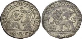 Alvise IV Mocenigo doge CXVIII, 1763-1778. Quarto di ducato, AR 5,60 g. S M V ALOY MOCENI D S. Marco nimbato, seduto a s. e benedicente, consegna il v...