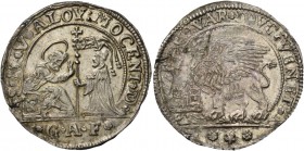 Alvise IV Mocenigo doge CXVIII, 1763-1778. Quarto di ducato, AR 5,66 g. S M V ALOY MOCENI D S. Marco nimbato, seduto a s. e benedicente, consegna il v...