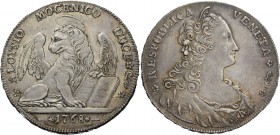 Alvise IV Mocenigo doge CXVIII, 1763-1778. Tallero per il Levante 1768, nuovo tipo, AR 28,47 g. ALOYSIO MOCENICO DUCE Leone alato e nimbato, seduto e ...