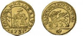 Paolo Renier doge CXIX, 1778-1789. Da 10 soldi 1781 da 1 zecchino, AV 3,52 g. PAVL – RAINERVS Il doge con vessillo, genuflesso a s. e con lo sguardo r...