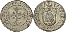 Paolo Renier doge CXIX, 1778-1789. Mezzo scudo della croce, AR 15,40 g. PAULUS RAINE DVX VENET Croce ornata e fogliata, accantonata da quattro foglie ...