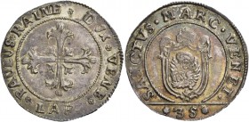 Paolo Renier doge CXIX, 1778-1789. Quarto di scudo della croce, AR 7,85 g. PAULUS RAINE DVX VENE Croce ornata e fogliata, accantonata da quattro fogli...
