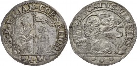 Giovanni II Corner doge CXI, 1709-1722. Ducato,  AR 22,50 g.  S M V IOAN CORNELIO D  S. Marco nimbato, seduto a s. e benedicente, consegna il vessillo...