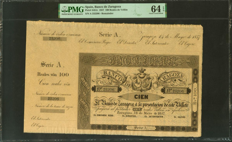 100 Reales. 14 de Mayo de 1857. Banco de Zaragoza. Serie A y con matriz. (Edifil...