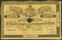 100 Reales. 14 de Mayo de 1857. Banco de Zaragoza. Serie A, con taladro y con firmas. (Edifil 2017: 126A). Inusual. MBC+.