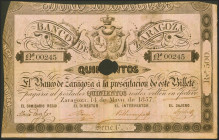 500 Reales. 14 de Mayo de 1857. Banco de Zaragoza. Serie C, con taladro y con firmas. (Edifil 2017: 128A). Inusual. MBC+.
