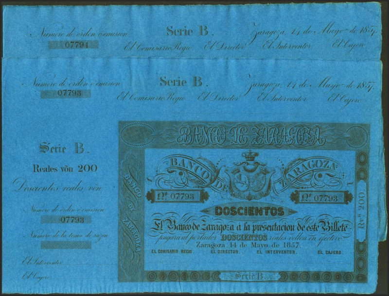 200 Reales. 14 de Mayo de 1857. Pareja correlativa. Banco de Zaragoza. Serie B y...