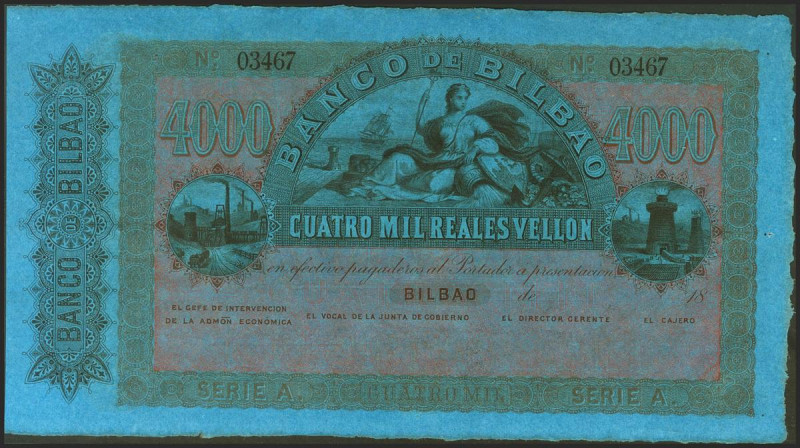 4000 Reales. 21 de Agosto de 1857. Banco de Bilbao. Serie A. Sin firmas y con nu...