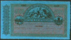 4000 Reales. 21 de Agosto de 1857. Banco de Bilbao. Serie A. Sin firmas y con numeración. (Edifil 2021: 148). Apresto original. SC.