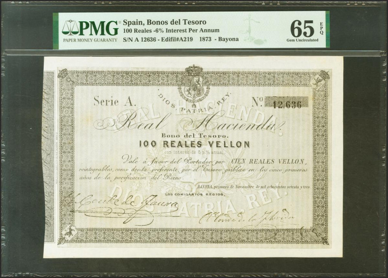 100 Reales de Vellón. 1 de Noviembre de 1873. Real Hacienda. Serie A. (Edifil 20...