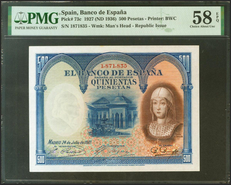 500 Pesetas. 24 de Julio de 1927. Sin serie y numeración posterior 1602000. (Edi...