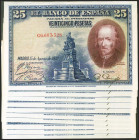 Precioso conjunto de 10 billetes correlativos de 25 Pesetas emitidos el 15 de Agosto de 1928 con la serie C (Edifil 2021: 353), conservando todo su ap...