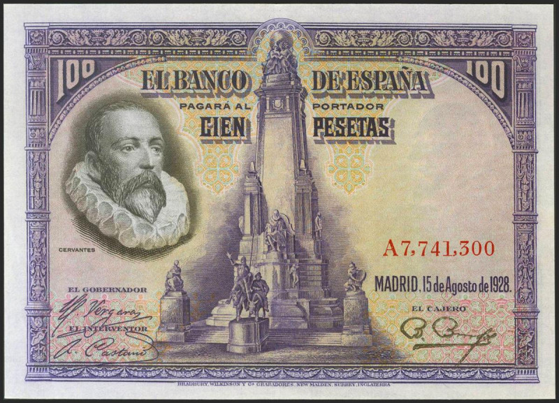 100 Pesetas. 15 de Agosto de 1928. Serie A. (Edifil 2021: 355a). Conserva todo e...