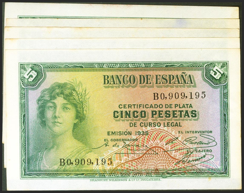 Conjunto de 6 billetes de 5 Pesetas Certificado de Plata emitidos en 1935 y con ...