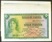 Conjunto de 6 billetes de 5 Pesetas Certificado de Plata emitidos en 1935 y con las series B (Edifil 2021: 363a), conservando su apresto original. SC/...