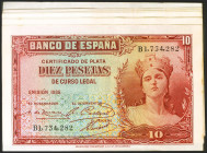 Conjunto de 9 billetes correlativos de 10 Pesetas Certificado de Plata emitidos en 1935 y con la serie B (Edifil 2021: 364a), conservando todo su apre...