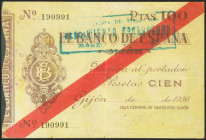 100 Pesetas. 1936. Banco de Gijón. (Edifil 2021: 384). Raro en esta calidad, puntito de aguja, este billete se encuentra habitualmente en calidades ba...