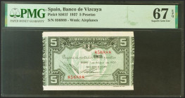 5 Pesetas. 1 de Enero de 1937. Sucursal de Bilbao, antefirma del Banco de Vizcaya. Sin serie, con numeración y sin matrices. (Edifil 2021: 385f). Raro...