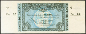 50 Pesetas. 1 de Enero de 1937. Sucursal de Bilbao, antefirma Banco de Vizcaya. Sin serie y sin numeración, con ambas matrices. (Edifil 2021: 389b). A...