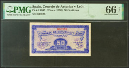 50 Céntimos. 1937. Asturias y León. Sin serie y numeración bajísima. (Edifil 2021: 396, Pick: S603). Rarísimo, especialmente en esta excepcional calid...