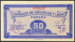 50 Céntimos. 1937. Asturias y León. Sin serie y numeración baja. (Edifil 2021: 396). Muy raro en esta calidad, apresto original. SC-.