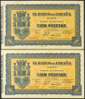 100 Pesetas. Septiembre 1937. Pareja correlativa. Asturias y León. Sin serie. (Edifil 2021: 399). Inusual, apresto original. SC-.