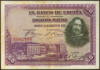 50 Pesetas. 15 de Agosto de 1928. Sin serie y con sello estampado ESTADO ESPAÑOL / BURGOS. (Edifil 2021: 407). Puntito de aguja. MBC-.