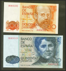 Conjunto de 6 billetes del Banco de España de 200 Pesetas, 500 Pesetas, 1000 Pesetas, 2000 Pesetas, 5000 Pesetas y 10000 Pesetas, todos los billetes e...