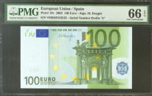 100 Euros. 1 de Enero de 2002. Firma Draghi. Serie V (España). (Edifil 2021: 490B, Pick: 18v). SC. Encapsulado PMG66EPQ.