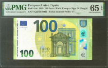 100 Euros. 2019. Firma Draghi. Serie V (España). (Edifil 2021: 497, Pick: 24v). SC. Encapsulado PMG65EPQ.
