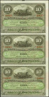 BANCO ESPAÑOL DE LA ISLA DE CUBA. Conjunto de 3 billetes correlativos de 10 Pesos (sin desprender), emitidos el 15 de Mayo de 1896 con sobrecarga PLAT...