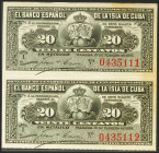 BANCO ESPAÑOL DE LA ISLA DE CUBA. Conjunto de 2 billetes correlativos de 20 Centavos (sin desprender), emitidos el 15 de Febrero de 1897 (Edifil 2021:...