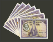 Conjunto de 7 billetes de 100 Pesetas emitidos el 15 de Agosto de 1928, con la serie A. (Edifil 2021: 355a). MBC-/EBC-. A EXAMINAR.