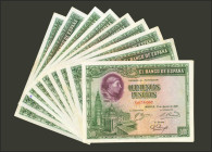 Conjunto de 10 billetes de 500 Pesetas emitidos el 15 de Agosto de 1928, sin serie y todos ellos con numeraciones bajas. (Edifil 2021: 356). A EXAMINA...