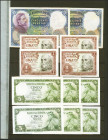 Conjunto de billetes del Banco de España, 2 de 50 Pesetas del 25 de Abril de 1931, 2 parejas correlativas de 1 Peseta del 22 de Julio de 1953, 6 de 5 ...