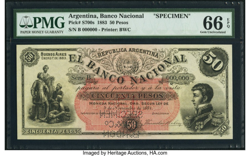 Argentina Banco Nacional 50 Pesos 5.11.1883 Pick S700s Specimen PMG Gem Uncircul...