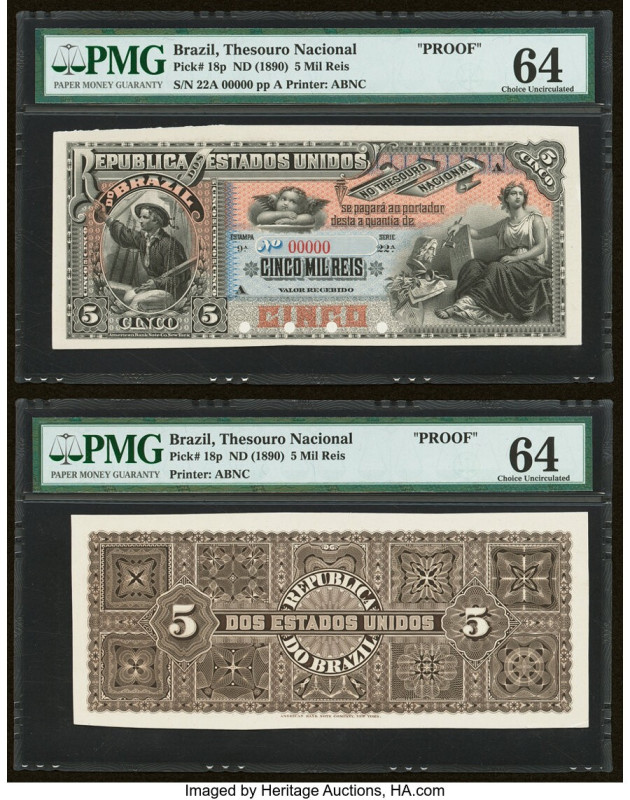 Brazil Thesouro Nacional 5 Mil Reis ND (1890) Pick 18p Front and Back Proofs PMG...