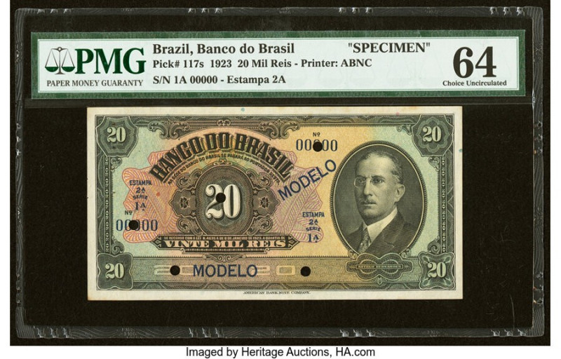 Brazil Banco do Brasil 20 Mil Reis 8.1.1923 Pick 117s Specimen PMG Choice Uncirc...