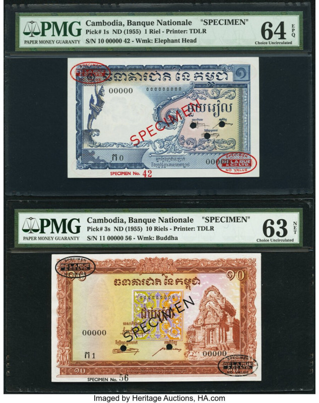 Cambodia Banque Nationale du Cambodge 1; 10 Riels ND (1955) Pick 1s; 3s Two Spec...