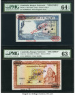 Cambodia Banque Nationale du Cambodge 1; 10 Riels ND (1955) Pick 1s; 3s Two Specimen PMG Choice Uncirculated 64 EPQ; Choice Uncirculated 63 Net. POCs ...